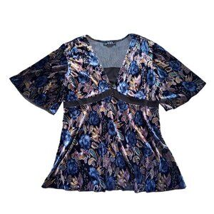 JANE & ERIC Women's Velvet Paisley Floral Bell Sleeve Babydoll Shirt Blue Black